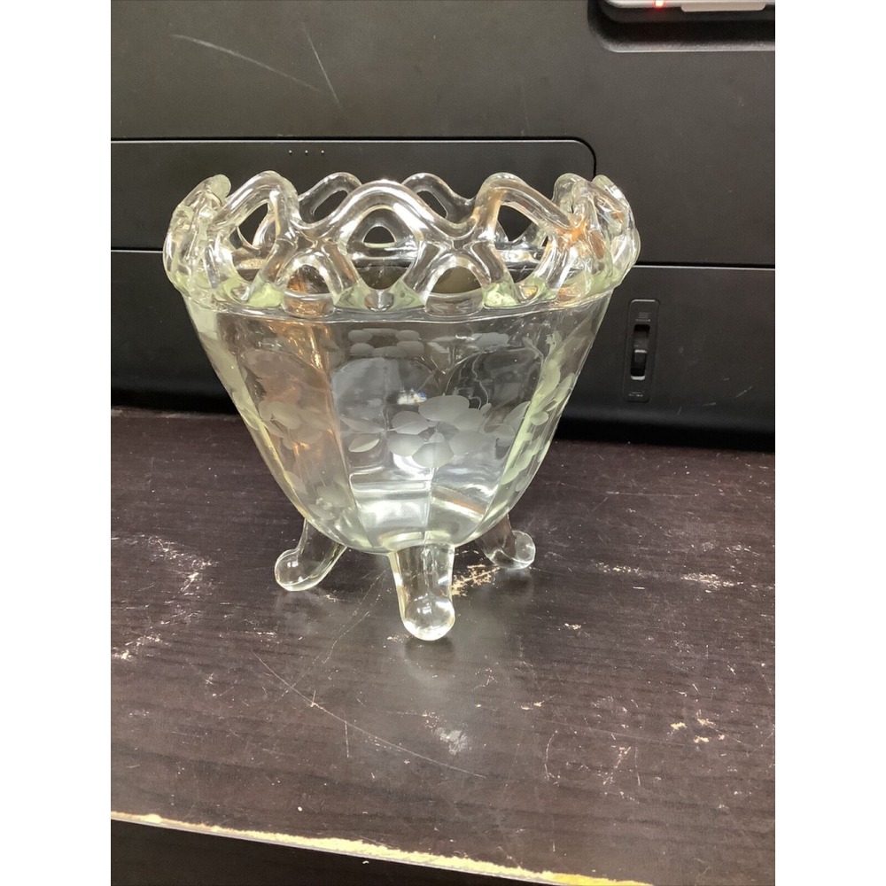 Vintage Glass Etched Floral Crystal 4 Footed Compote Bowl with Lace Top Imperial